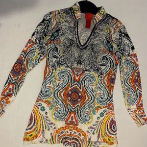 V CRISTINA Multi-colored Woman's top size small bling on the chest, tunic